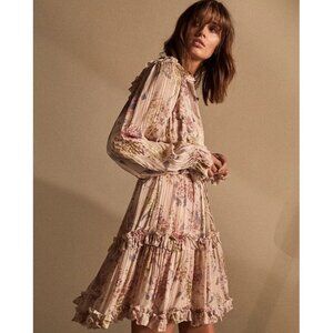 Reiss Floral Pleated Mini Dress in Cream and Pink